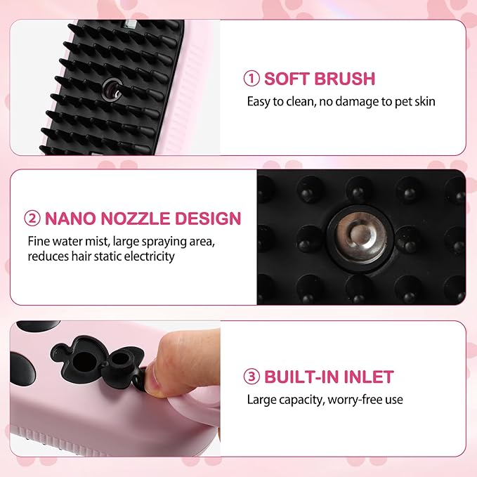 Pet Steam Brush for Dog &amp; Cat,3-in-1 Spray Hair Removal Comb,Pet Steam Groomer Comb,Water Brush for Long &amp; Short Haired Pets,Massage, Cleaning, Multifunctional Hair Removal Comb for Cats Dogs (Pink)