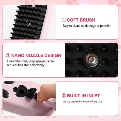 Pet Steam Brush for Dog &amp; Cat,3-in-1 Spray Hair Removal Comb,Pet Steam Groomer Comb,Water Brush for Long &amp; Short Haired Pets,Massage, Cleaning, Multifunctional Hair Removal Comb for Cats Dogs (Pink)