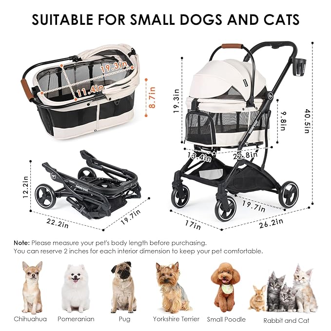 T3 Foldable Pet Stroller for Small Dogs &amp; Cats – 3-in-1 Lightweight Design, 180° Canopy &amp; Detachable Carrier (Beige)