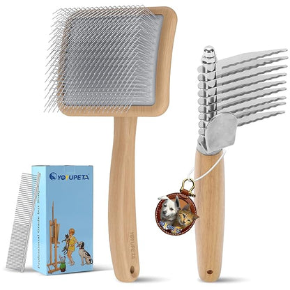 Long Pin Dog Slicker Brush for Poodles, Golden Doodles &amp; Cats - 3-Piece Grooming Kit with Dematting Comb and Pet Comb, Large Wooden Handle Deshedding Tools for Thick Hair Mats Removal