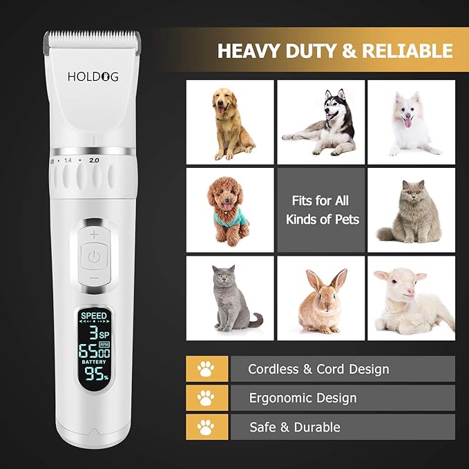Dog Clippers Professional Heavy Duty Dog Grooming Clipper 3-Speed Low Noise High Power Rechargeable Cordless Pet Grooming Tools for Small &amp; Large Dogs Cats Pets with Thick &amp; Heavy Coats