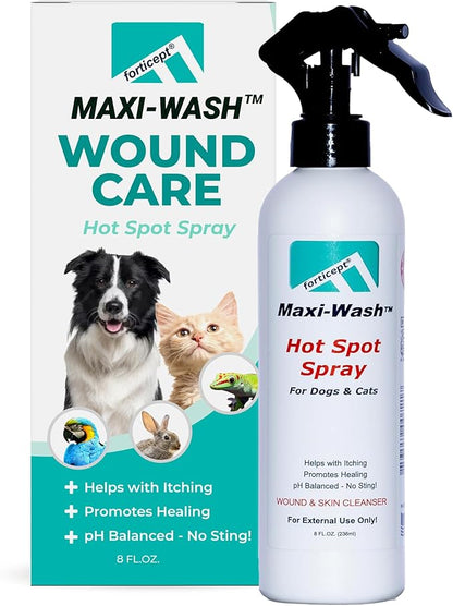 Forticept Maxi-Wash Hot Spot Spray Treatment, Wound Care &amp; Itch Relief Spray for Dogs and Cats. Relives Scratching, Rashes, Sores, Itchy Skin and Paw Licking 8 oz