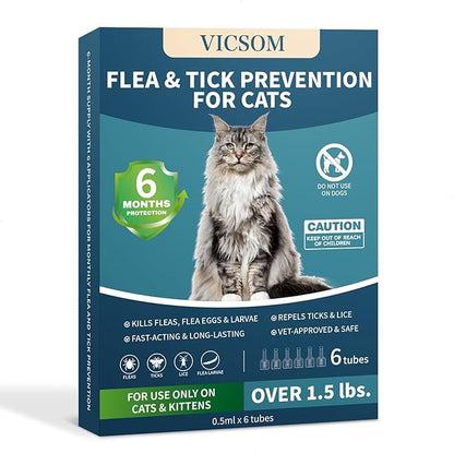Flea Treatment for Cat Flea and Tick Prevention for Cats Kitten, 6-Month Supply, Cat Flea Treatment &amp; Control, Repellent, Fast Acting Topical Drops for Cats, Over 1.5 lbs, 24-Hour Protect