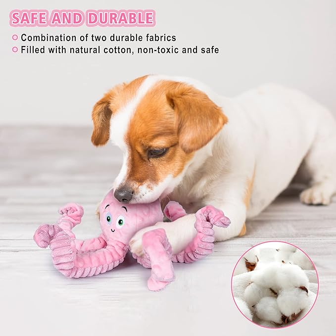 Dog Squeaky Toys Octopus - Tough Plush Large Medium &amp; Small Dog Toys - Stuffed Animals Puppy Toys (Octopus Pink)