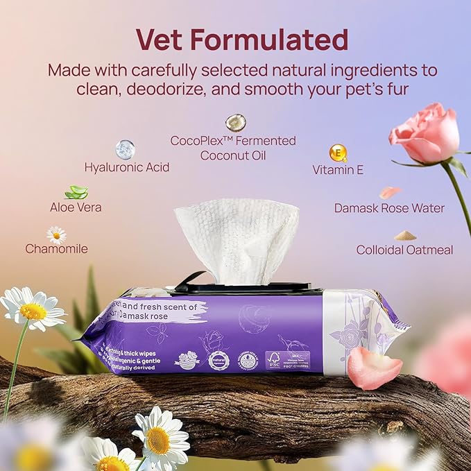 HICC PET Cleaning Deodorizing Wipes for Dogs &amp; Cats, Vet Recommended Nourishes Smoothes Fur Pet Grooming Wipes with Fermented Coconut Oil (400 Counts (Thicken), Rose)