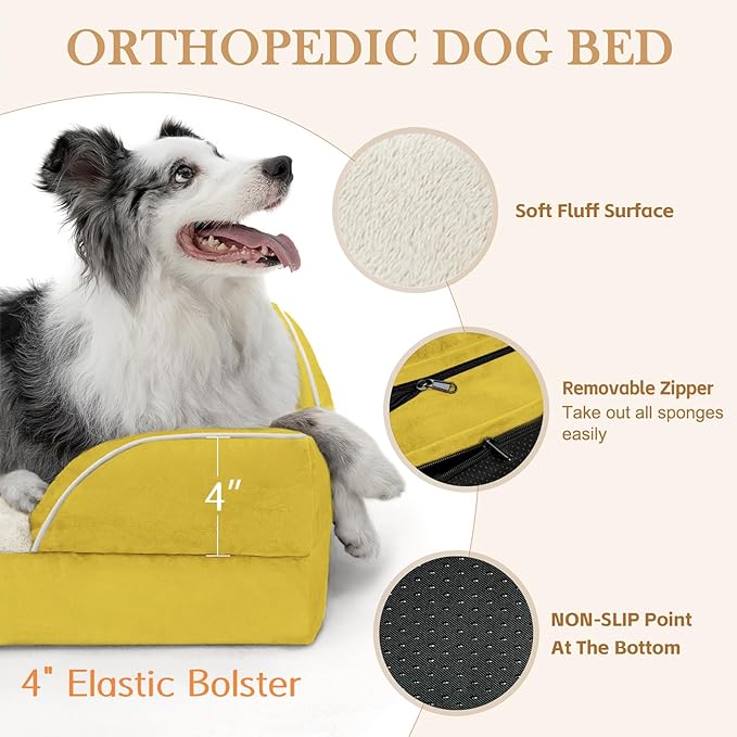 Comfort Expression Medium Dog Beds Waterproof Orthopedic Foam Dog Sofa Beds for Medium Large Dogs Comfy Pet Bed with Washable Removable Cover &amp; Non-Slip Bottom(Medium,Spicy Mustard)