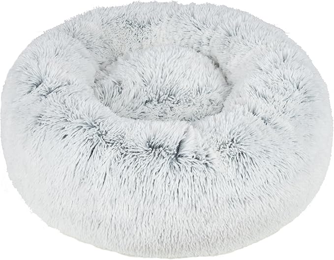 Best Pet Supplies Round Donut Dog Bed with Plush Faux Fur Fabric, Calming, Anti-Anxiety Cushion for Indoor Pets, Slip-Resistant Base, Soft Ergonomic Support - Light Warm Gray, 24x24x7&