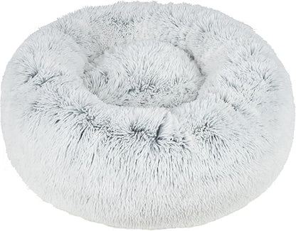 Best Pet Supplies Round Donut Dog Bed with Plush Faux Fur Fabric, Calming, Anti-Anxiety Cushion for Indoor Pets, Slip-Resistant Base, Soft Ergonomic Support - Light Warm Gray, 30x30x8&