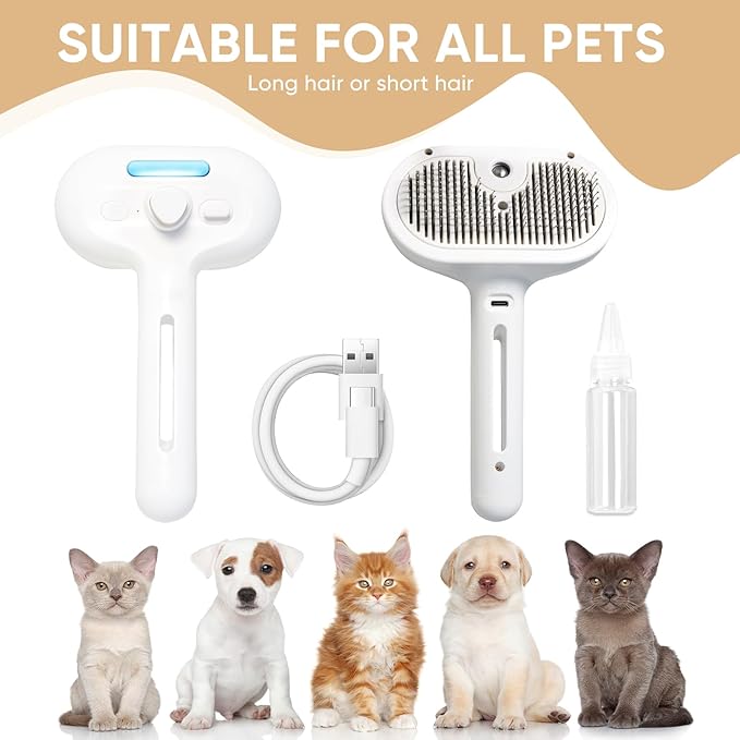 3-in-1 Cat Steam Brush – Pet Grooming &amp; Shedding Comb with Gentle Steam Spray, One-Click Hair Release, for Long &amp; Short Hair Cats &amp; Dogs (White)