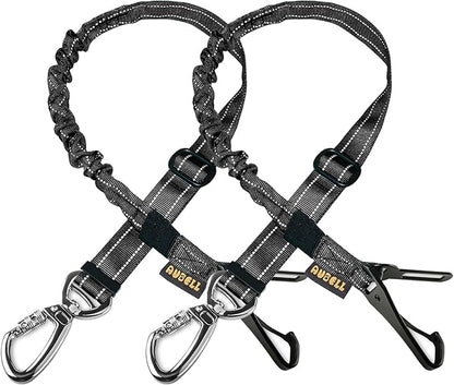 AUBELL Dog Seat Belt for Car,2 Pack Set 3-in-1 Adjustable Reflective Bungee Heavy Duty Dog Car Harness Tether with Clip Hook Latch &amp; Buckle,Swivel Zinc Alloy Carabiner,Black+Black