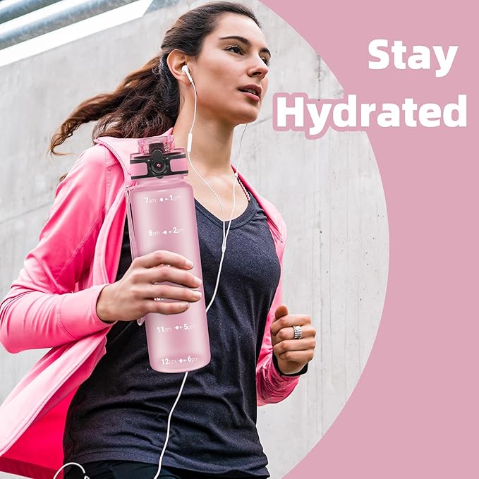 OLDLEY 32 oz Water Bottle, Motivational Water Bottle with Time Marker, Sports Water Bottle With Strap, Leakproof &amp; BPA Free Large Water Bottles for School, Gym, Travel, Outdoor, Tritan,Pink