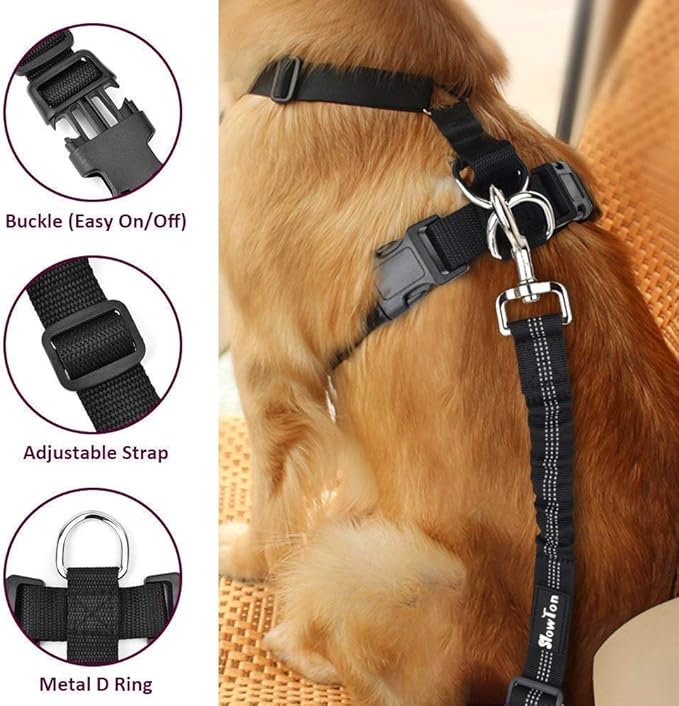 SlowTon Dog Seat Belt Harness for Car, Dog Car Harness Adjustable Mesh Breathable &amp; Dog Seatbelt Safety Tether with Elastic Bungee for Small Medium Large Pets(Burgundy, Single Clip, L)