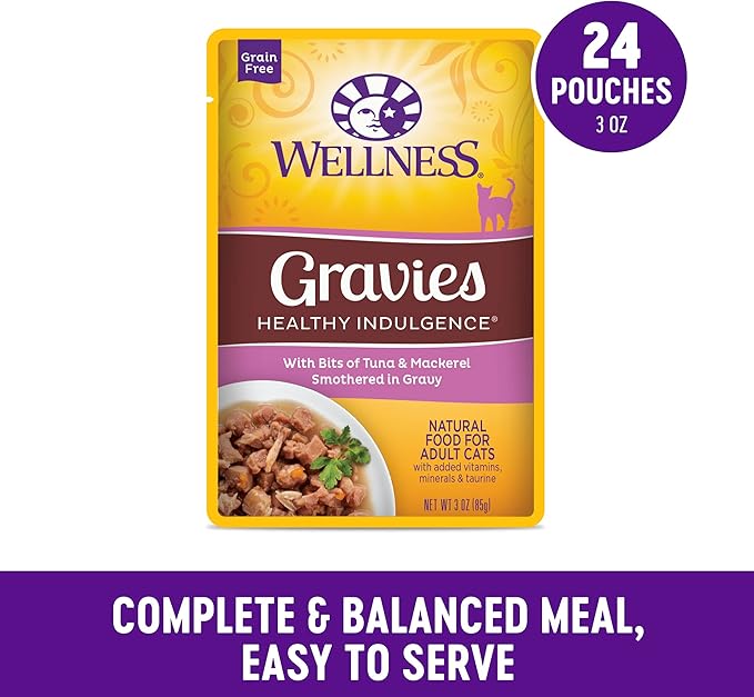Wellness Healthy Indulgence Gravy Adult Wet Cat Food, Natural, Protein-Rich, Grain Free, 3 Ounce Pouch, 24 Pack, (Tuna &amp; Mackerel)