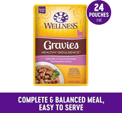Wellness Healthy Indulgence Gravy Adult Wet Cat Food, Natural, Protein-Rich, Grain Free, 3 Ounce Pouch, 24 Pack, (Tuna &amp; Mackerel)