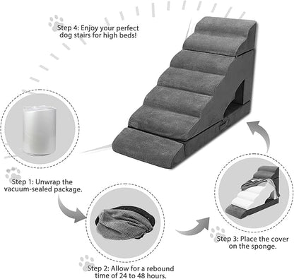 Foam Dog Stairs &amp; Steps Ramps for High Beds 30-36 inches High Tall Large Dogs, LitaiL 7 Step Pet Stairs Steps for High Beds 30 inch Small Dogs, Non-Slip Dog Ramps for Bed