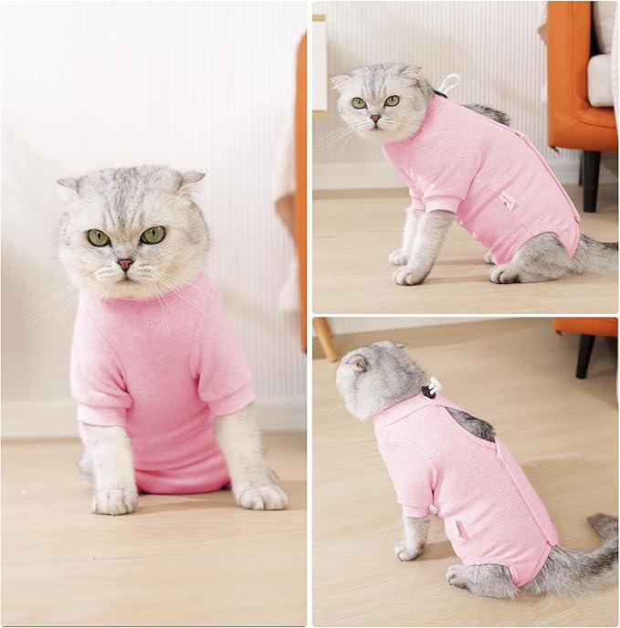 Dotoner Cat Surgery Recovery Suit for Female Male Anti-Licking Pet Surgical Pajamas Long Sleeve Prevent Shedding Cat Spay Recovery Suit&amp;E Collar Alternative Bodysuit for Cats