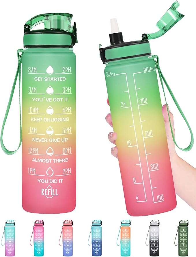 Enerbone Water Bottle, Leakproof BPA &amp; Toxic Free, Motivational Water Bottle with Times to Drink and Straw, Fitness Sports Water Bottle with Strap for Office, Gym, Outdoor Sports
