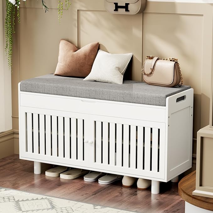 Storage Bench, Bamboo Shoe Bench with Padded Seat Cushion &amp; 2 Doors, 2-Tier Entryway Bench with Lift Top Hidden Storage, 35.4" W x 12.6" D x 19.7" H, Shoe Rack Cabinet for Entryway, Living Room, White