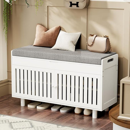 Storage Bench, Bamboo Shoe Bench with Padded Seat Cushion &amp; 2 Doors, 2-Tier Entryway Bench with Lift Top Hidden Storage, 35.4" W x 12.6" D x 19.7" H, Shoe Rack Cabinet for Entryway, Living Room, White