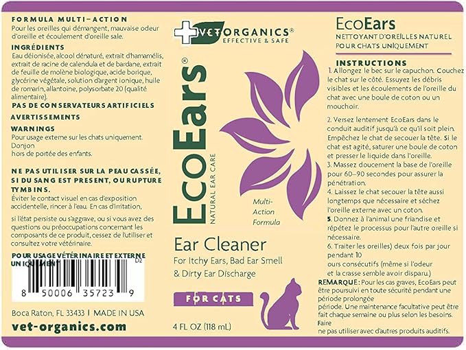 Vet Organics EcoEars Cat Ear Cleaner. Natural Multi-Action Formula. for Itch, Head Shaking, Discharge &amp; Smell. Naturally Cleanses Away Common Problems. 100% Guaranteed (4 oz)