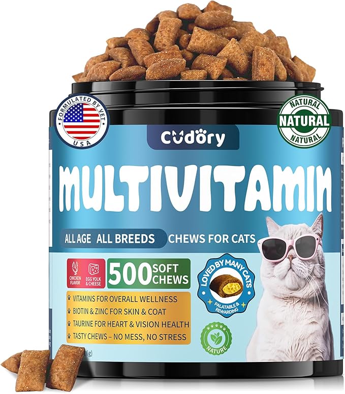 Cat Multivitamin, Crunchy &amp; Creamy Cheese Chew– Supports Energy and Skin &amp; Coat – with Taurine, B-Complex, Zinc Methionine &amp; Selenium Yeast – Daily Health Supplement for Cats of All Ages (500 Chew)