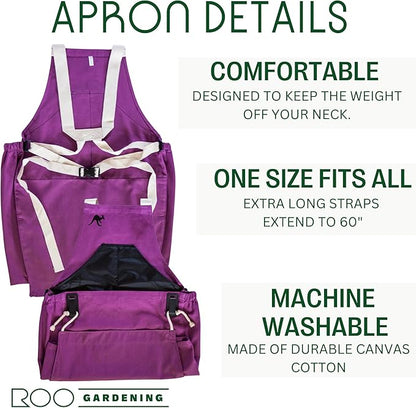 Roo Gardening Apron with Pockets &amp; Harvesting, Picking Pouch - Adjustable, Water-resistant, Washable Canvas Cotton
