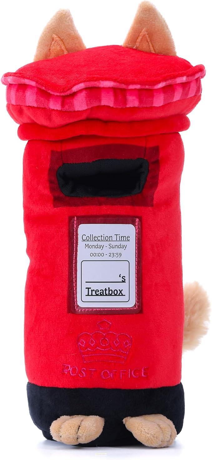 British Postbox Treat-Dispensing Soft Plush Squeaky Pet Toy - Iconic UK Enrichment Gift, Durable Cute &amp; Fun Toy for Interactive Play, Hide Food for Nose-Work Puzzle, Small Medium Dogs