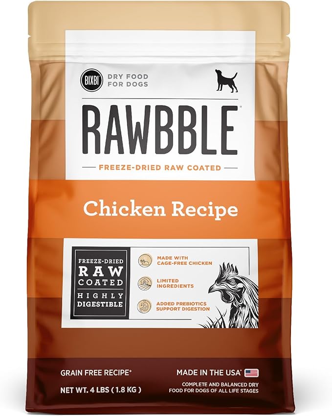 BIXBI Rawbble Dry Dog Food, Chicken, 4 lbs - USA Made with Fresh Meat - No Meat Meal &amp; No Corn, Soy or Wheat - Freeze Dried Raw Coated Dog Food - Minimally Processed for Superior Digestibility