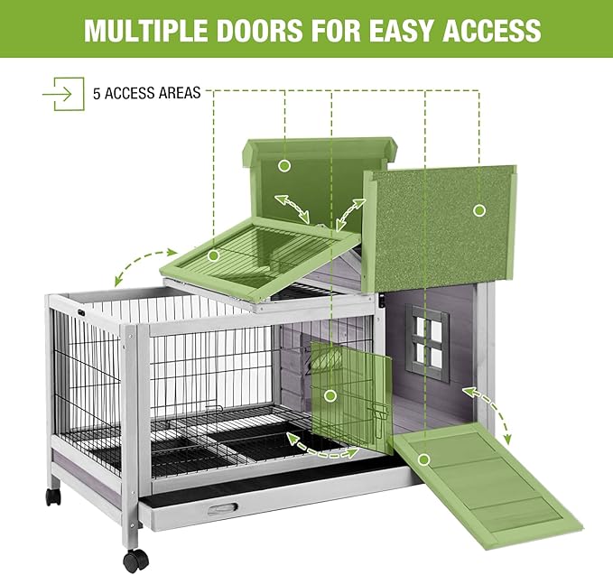 GUTINNEEN Rabbit Hutch Bunny Cage with Removable Wire Floor, Indoor/Outdoor Guinea Pig Cages with Leakproof Pull-Out Tray, 4 Lockable Wheels &amp; Run Space