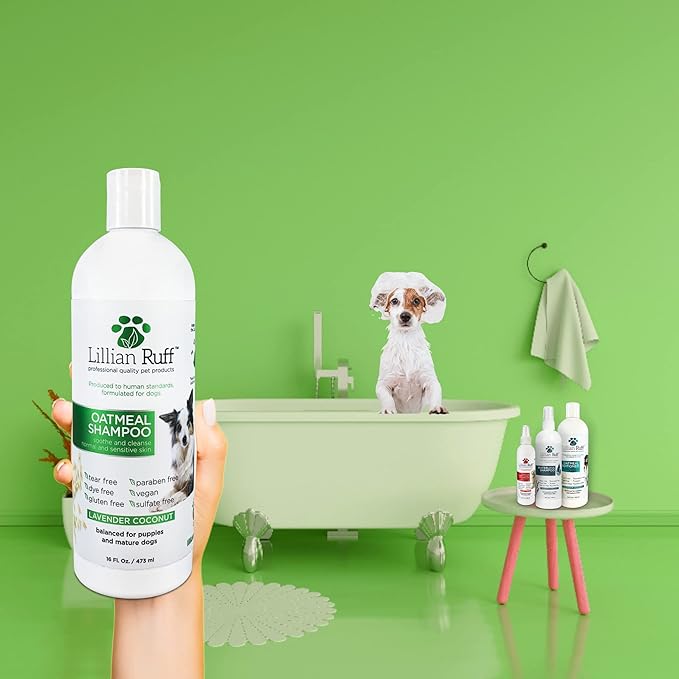 Lillian Ruff Calming Oatmeal Pet Shampoo for Dry Skin &amp; Itch Relief with Aloe &amp; Hydrating Essential Oils - Replenish Moisture &amp; Deodorize - Gentle Dog Shampoo for Normal/Sensitive Skin (16oz &amp; Brush)