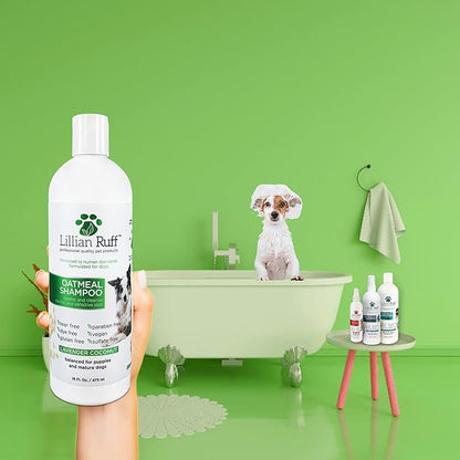 Lillian Ruff Calming Oatmeal Pet Shampoo for Dry Skin &amp; Itch Relief with Aloe &amp; Hydrating Essential Oils - Replenish Moisture &amp; Deodorize - Gentle Dog Shampoo for Normal/Sensitive Skin (16oz &amp; Brush)