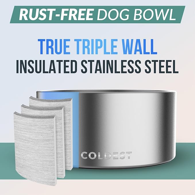 Coldest Dog Bowl - Anti Rust Metal, Non Slip, 3 Layers Insulated Stainless Steel Dog Bowls - Spill Proof &amp; Heavy Duty - Water Bowl for Dogs, Cats, Dish Washer Safe (200 oz, Polished Stainless Steel)