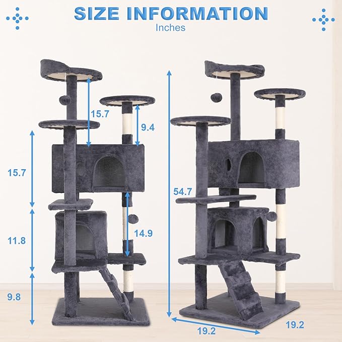 FDW Cat Tree 54in Cat Tower Multi-Level Durable Cat Scratching Post &amp; Cozy Fun Cat Jumping Platform Space Saving Cat Condo Pet Play House for Indoor Cats,Ashy