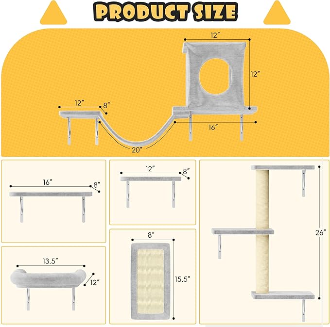 NUNU LAB Wall Mounted Cat Furniture, 6 Pcs Cat Wall Shelves with Condo House, Bridge, Steps, Scratcher, Hammock, Indoor Safe &amp; Stable Furniture for Kittens Play, Gray