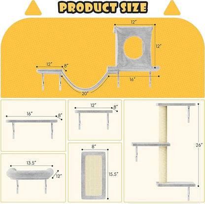 NUNU LAB Wall Mounted Cat Furniture, 6 Pcs Cat Wall Shelves with Condo House, Bridge, Steps, Scratcher, Hammock, Indoor Safe &amp; Stable Furniture for Kittens Play, Gray