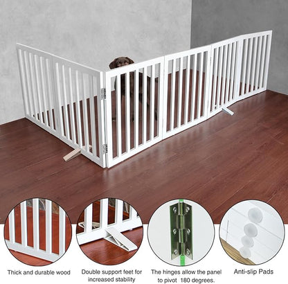 ZJSF Freestanding Indoor Dog Gate for House Foldable Wood White Puppy Gate for Doorways Pet Gate for Stairs Extra Wide Pet Fence 24" Height 6 Panels