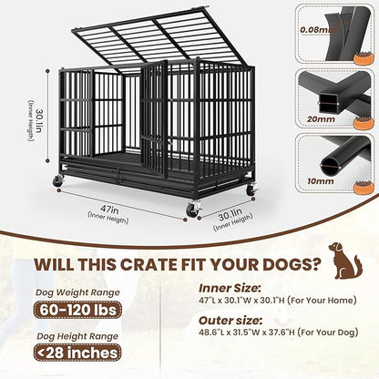 LEVELEVE 48 Inch Heavy Duty Indestructible Dog Crates for Large Dogs，Escape Proof Dog Cage Large Dogs with Lockable Wheels，Dog Kennel Furniture Indoor&amp;Outside