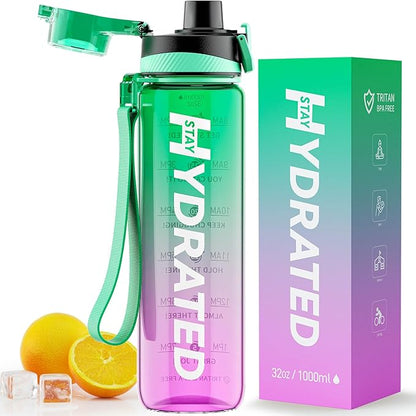 Water Bottle, 32 oz Motivational Water Bottles with Time Marker-Tritan &amp; BPA Free, Sports Water Bottle with Time to Drink &amp; Strap, Wide Mouth, Leakproof -Gift for Christmas Gym Fitness &amp; Outdoor