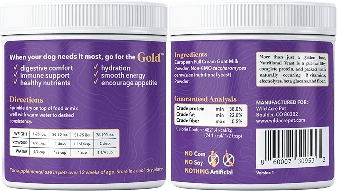 Wild Acre Goat Milk Powder for Dogs - Complete Protein Goat Milk with Nutritional Yeast for Sensitive Stomachs - Gentle Probiotic &amp; Prebiotic Protein for Dogs, Puppies and Cats - 7oz