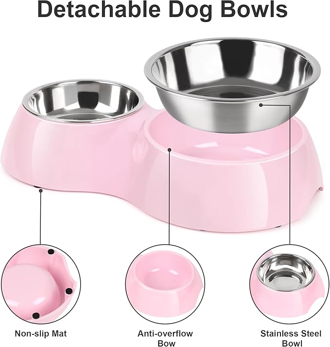 Elevated Dog Bowls Set - Non-Slip Raised Pet Feeder with Medium (10 oz) &amp; Large (20 oz) Stainless Steel Bowls - Includes Durable Resin Stand for Puppies, Adult Dogs &amp; Cats - Pink