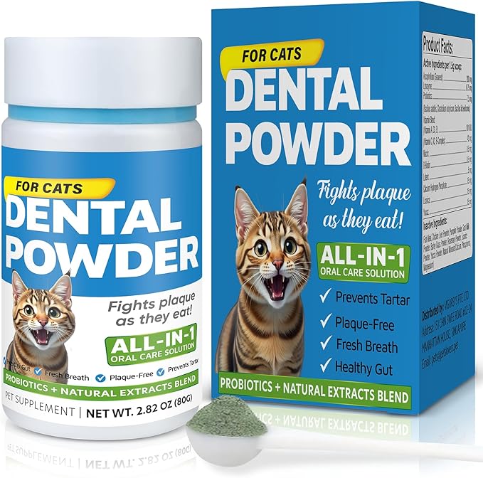 Cat Dental Care Powder Bad Breath Treatment for Cats Teeth, Mouth, Gums &amp; Gut, Plaque Off,Tartar Control, Help Feline Gingivitis and Stomatitis, with Natural Extracts &amp; Probiotics