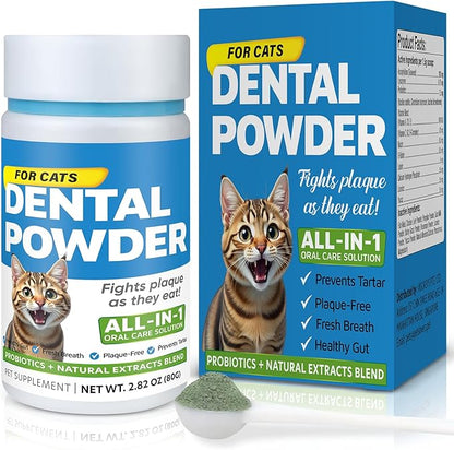 Cat Dental Care Powder Bad Breath Treatment for Cats Teeth, Mouth, Gums &amp; Gut, Plaque Off,Tartar Control, Help Feline Gingivitis and Stomatitis, with Natural Extracts &amp; Probiotics