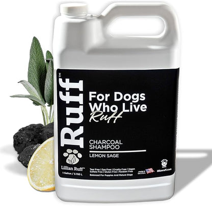 Ruff by Lillian Ruff Activated Charcoal Pet Shampoo – Lemon Sage – Deep Cleanser, Deodorizer &amp; Stain Remover – Hydrates Dry Itchy Skin – Puppy &amp; Dog Safe – USA Made (Gallon)