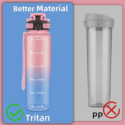 OLDLEY 32 oz Water Bottle, Motivational Water Bottle with Time Marker, Sports Water Bottle With Strap, Leakproof &amp; BPA Free Large Water Bottles for School, Gym, Travel, Outdoor, Tritan,Pink&amp;Blue