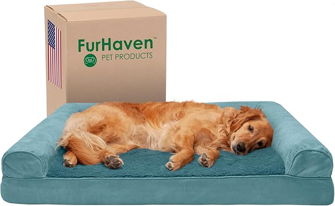 Furhaven Cooling Gel Dog Bed for Large Dogs w/ Removable Bolsters &amp; Washable Cover, For Dogs Up to 95 lbs - Plush &amp; Suede Sofa, Jumbo/XL