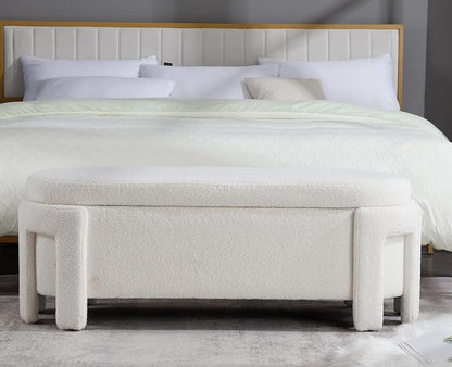Kmax 50" Storage Ottoman Bench Modern Faux Fur Boucle Entryway Bench Comfy Upholstered End of Bed Bench for Hallway Entrance Bedroom Corner, White