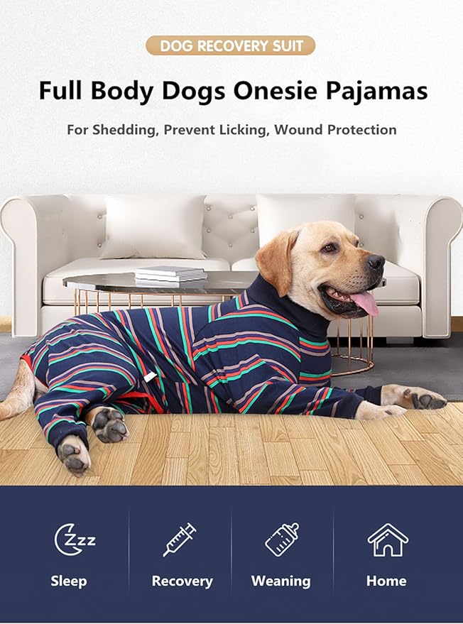 Dog Recovery Suit, Abdominal Wound After Surgery Wear, Prevent Licking Wounds, E-Collar &amp; Cone Alternatives, Long Sleeve Postoperative Shirts Dog Pajamas Prevent Shedding(Large, Blue)