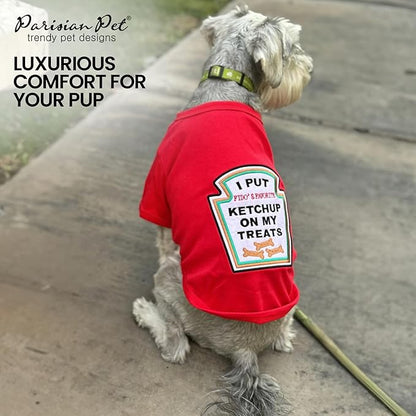 Parisian Pet Dog Shirt - Embroidered “I Put Ketchup on My Treats“ - 100% Cotton and Polyester Dog Clothes - Sleeved, Lightweight Costume for Dogs - Red Dog Shirts for Large Dogs - Pet Costumes - XL