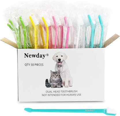 50 Pack Dual Ended Long Dog &amp; Cat Toothbrush, Pet Safe Super Soft Bristles for Pet Dog Puppy Kitten Dental &amp; Oral Care Teeth &amp; Gums, Pet toothbrushes in Box, Bulk Individual polybag (Colorful)