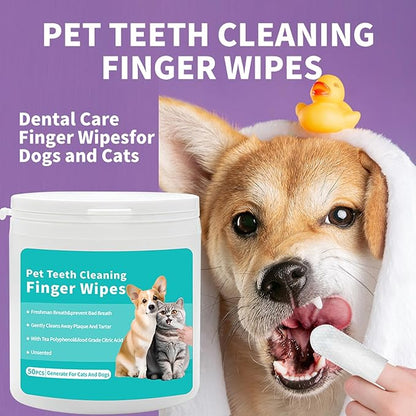 YUHUF-Teeth Cleaning Finger Wipes for Dogs &amp; Cats, Pet Dental Care by Reducing Plaque and Tartar Remove Bad Breath, Disposable Gentle Gum Care Pet Wipes, 50 PCS